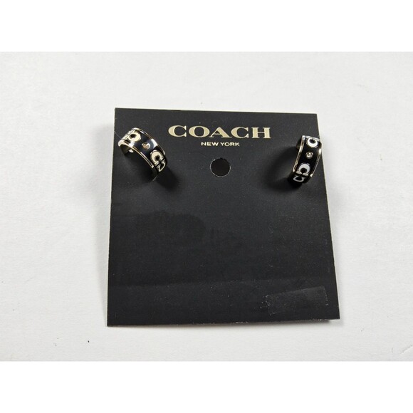 Coach Signature Enamel Black White Silver Hoop Huggie Earrings - Picture 1 of 4